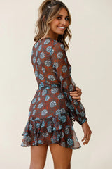 Kerry Layered Balloon Sleeve Dress Leaf Print Brown
