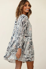 Mina Long Sleeve Button Back Shift Dress Ornate Print Navy