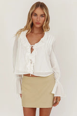 La Demure Tie Front Frill Blouse White