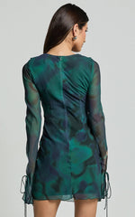 Alesya Mini Dress Ruffle Plunge Neck Long Sleeve Tie Detail Dress in Moss Adeana