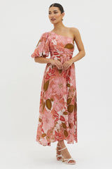 Jayni Puffed One Shoulder Midi Dress Red