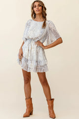 Stars Aligned Angel Sleeve Drawstring Waist Dress Star Print Grey