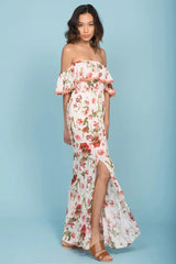 Tuscany Off The Shoulder Maxi Dress White & Red