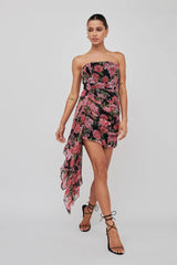 Midnight Sun Strapless Waist Sash Mini Dress Floral Black