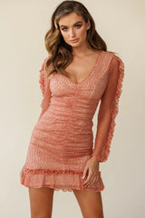 Tamara Ruched Long Sleeve Lace Mesh Dress Rose