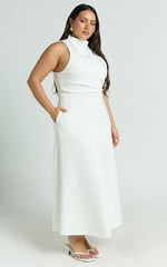 Macy Midi Dress High Neck A Line Dress in Off White