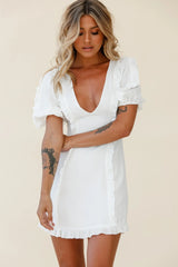 Maisy Puff Sleeve Frill Trim Dress White