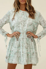 Mina Long Sleeve Button Back Shift Dress Ornate Print Green