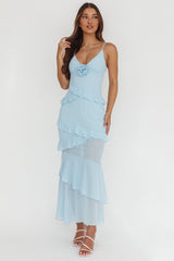 Marlie Frill Trim Rosette Maxi Dress Blue