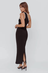 Ivanka One Shoulder Contrast Piping Dress Black
