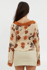 Moxie Tie Front Lace Trim Top Brown