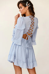 Albany Lace Up Back Frill Dress Shirred Grey