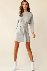 Lorelei Long Sleeve Wide Belt Knit Dress Grey