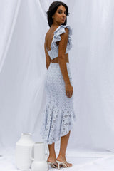 Talk About Me Ruffle Shoulder Twist Bust Crop Top Steel Blue