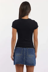 Black T-Shirt Short Sleeve Crew Neck Long Line