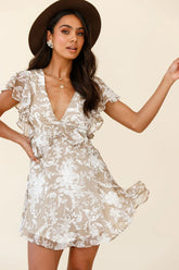 Say That Again Ruffle Shoulder Dress Ornate Floral Print Beige