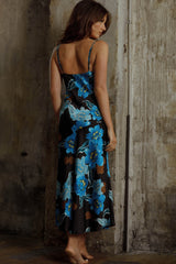 Well Versed Pleated Bust Front Split Dress Flower Blue