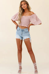 Meet Cute Shirred Bust Off-Shoulder Crop Top Speckle Print Pink
