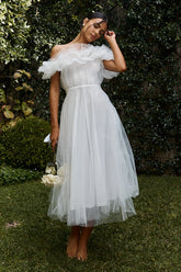 May Rose Off-Shoulder Tulle Midi Dress Off White