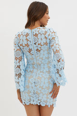 Reinhart Flared Sleeve Crochet Lace Dress Baby Blue