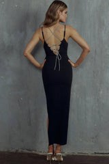 Never Leaving Diamante Lace-Up Maxi Dress Black