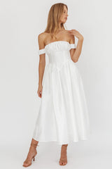 Heavens Above Off-Shoulder Basque Waist Midi Dress Ivory