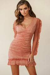 Tamara Ruched Long Sleeve Lace Mesh Dress Rose
