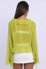 Green Tie Up Top Long Sleeve V Neck Frilled Romantic