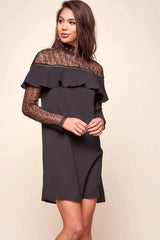 Mendes Lace Detailed High Neck Long Sleeved Dress Black