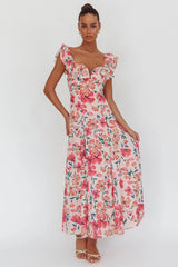 Palms Ruffle Sleeve Tied Back Maxi Dress Floral Pink