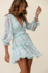 Laney Cutout Back Ruffle Trim Dress Leaves Print Mint