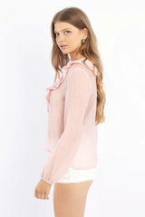 Pink Poet's Top V Neck Long Sleeve Frilled