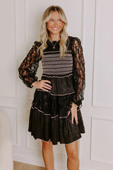 Romantic Notion Lace Tiered Mini Dress in Black