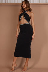 Vanna Diamante Trim Halterneck Dress Black