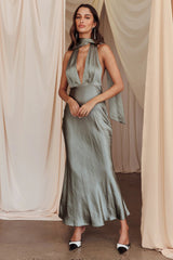 Italia Azure Halterneck Maxi Dress Khaki