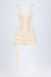 Lace-Up Ruffled Tiered Mini Dress in Ivory