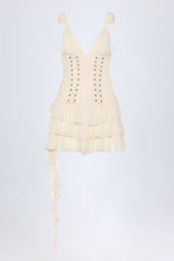 Lace-Up Ruffled Tiered Mini Dress in Ivory