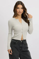 Grey Knit Cardigan Long Sleeve Crew Neck Button Up