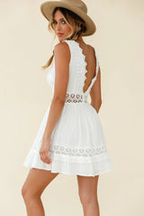 Indio Crochet Insert Deep V-Neckline Dress White