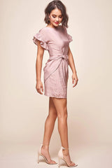 Tanesha Drape Skirt Ruffle Sleeve Dress Mocha