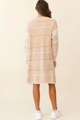 Moon Shine Fuzzy Knit Long Cardigan Striped Beige