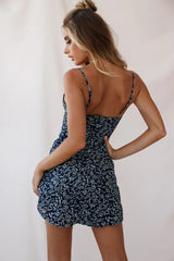 Hope Tie-Knot Bust Mini Dress Leaf Print Navy