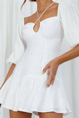 Summertime String-Tie Halterneck Puff Sleeve Mini Dress White