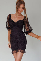 La Vida Sweetheart Neckline Puff Sleeve Dress Black
