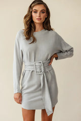 Lorelei Long Sleeve Wide Belt Knit Dress Grey