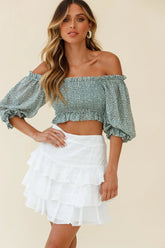 Meet Cute Shirred Bust Off-Shoulder Crop Top Speckle Print Olive