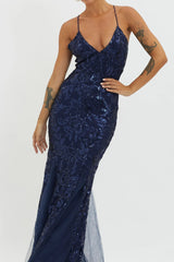 Serenade Song Godet Hem Sequin Maxi Dress Navy