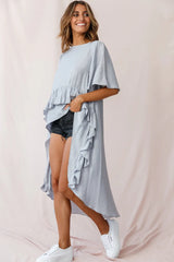 Kara High-Low Ruffle Trim Top Grey