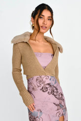 Hollyoak Fur Collar Knit Crop Top Oatmeal
