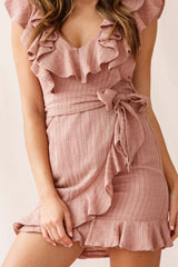 Honor Ruffle Neckline Faux Wrap Dress Rose